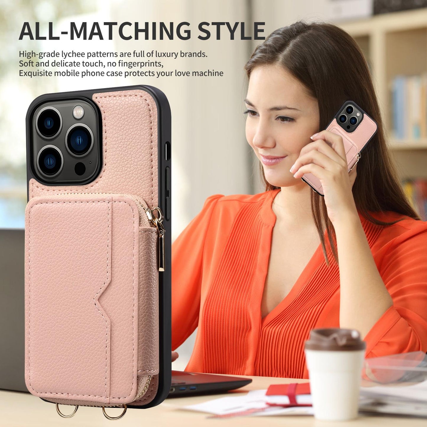 Zipper Crossbody Wallet Phone Case for iPhone 15 14 Plus 13 Pro Max Mirror Metal Chain Lanyard Card Slot Holder Leather Cover