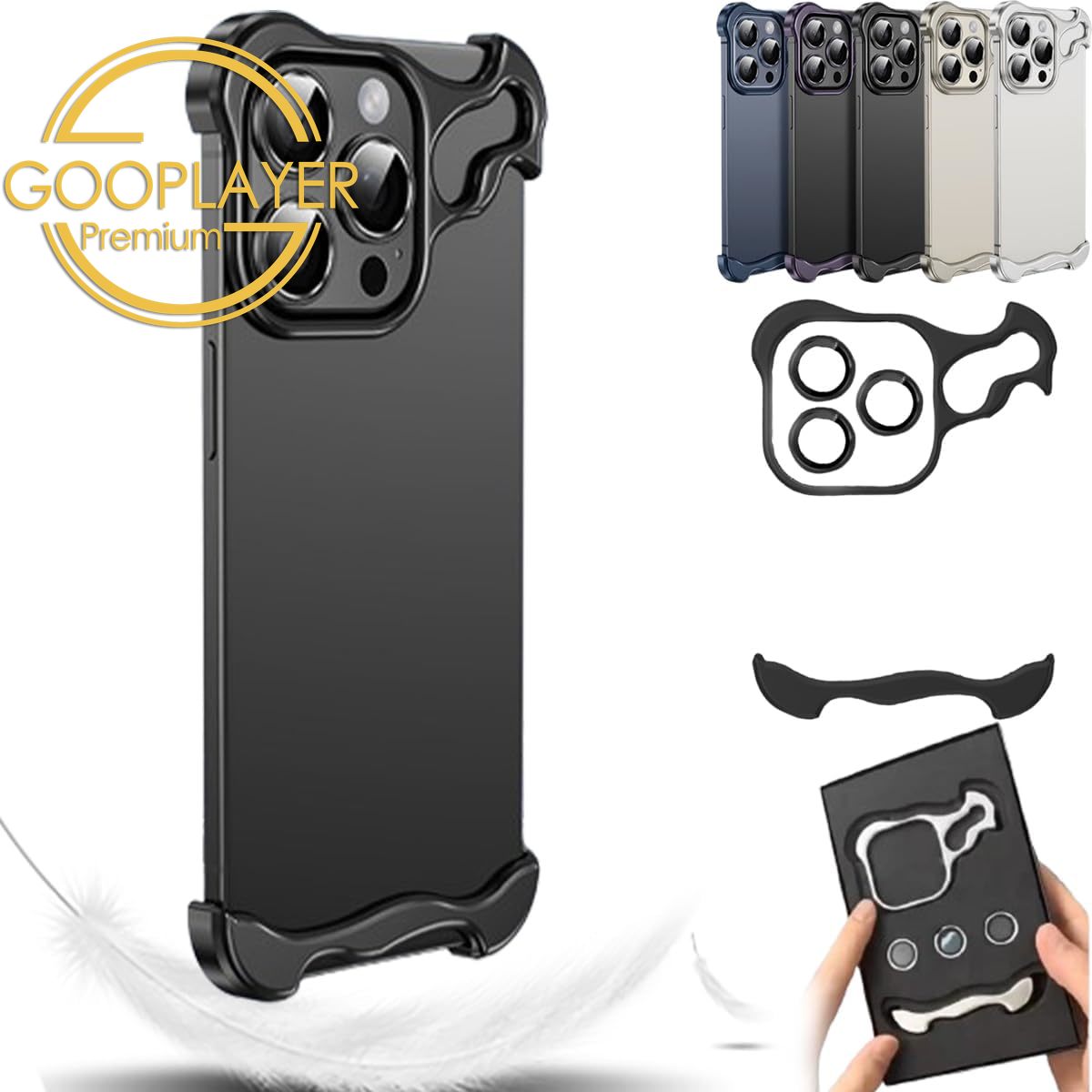 For iPhone 16 15 14 13 12 Pro Max Phone Case, Special-Shaped Premium Titanium Grey Aluminum Metal Frame Corner Anti-Fall Shockproof Borderless Slim Bumper Built-in Camera Protector Hard Cover