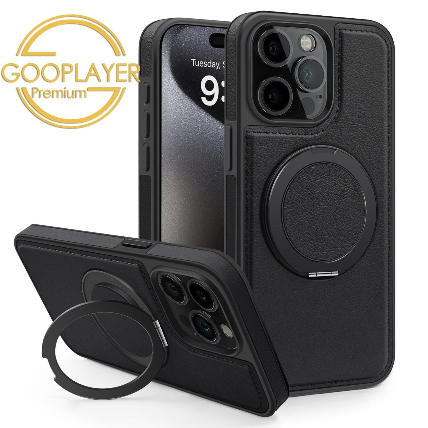 For iPhone 16 15 14 13 Pro Max Phone Case, Luxury Full Leather Case For Magsafe Support Wireless Charging Rotate Metal Magnetic Kickstand Back Hard Full Cover
