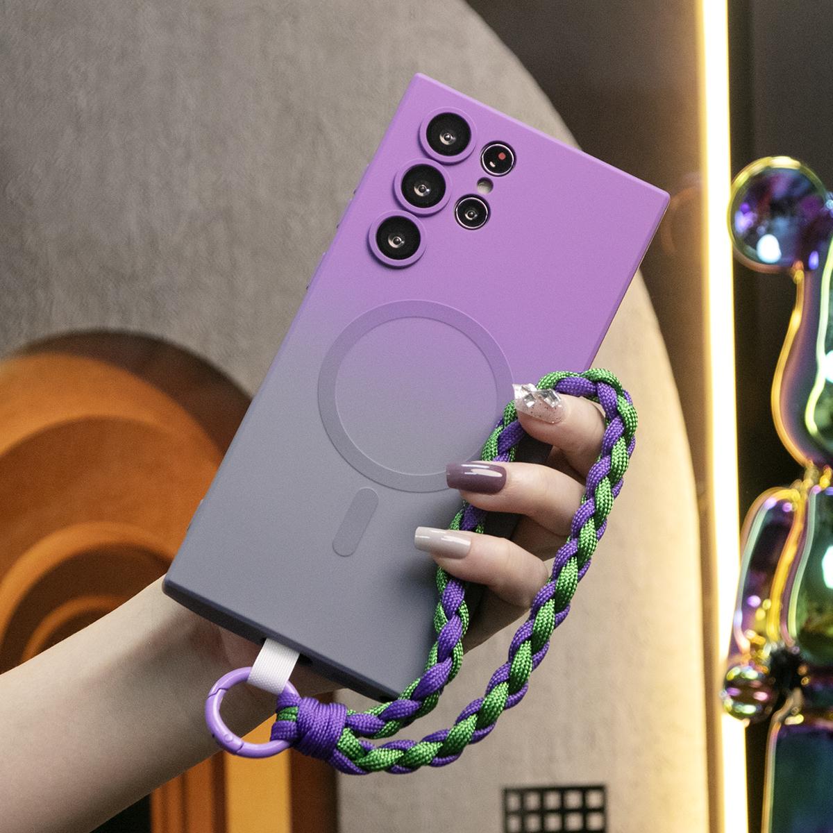Gradient Color Magnetic Wireless Charge Matte Case with Woven Wristband For Samsung S25 S24 S23 S22 S21 Note20 Wireless Charging Soft Bumper Cover