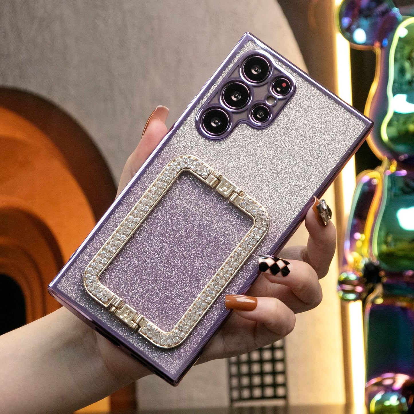 Luxury Diamond 3D Crystal Square Holder Glitter Clear Gradient TPU Plating Shockproof Soft Phone Case For Samsung S24Ultra S24FE S24 S23 S22 S21 FE Plus Ultra