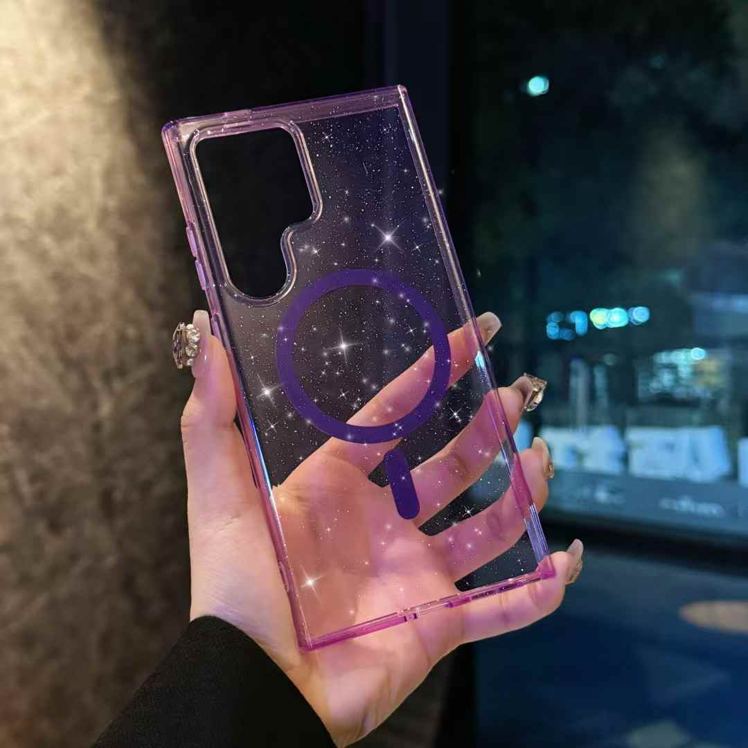 Glitter Star Strong Magnetic HD Transparent PC Slim Phone Case For Samsung S25Ultra S25 S24 S23 S22 Shockproof Hard Full Cover