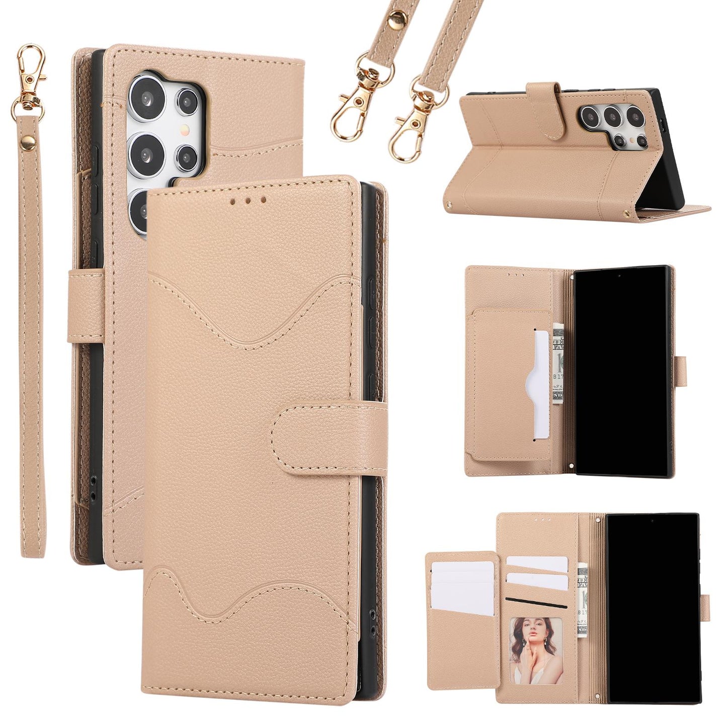 Wrist Strap Crossbody Wallet with Card Holder Phone Case for Samsung S24 Ultra S23 S22 S21 Plus PU Leather Shockproof Cover