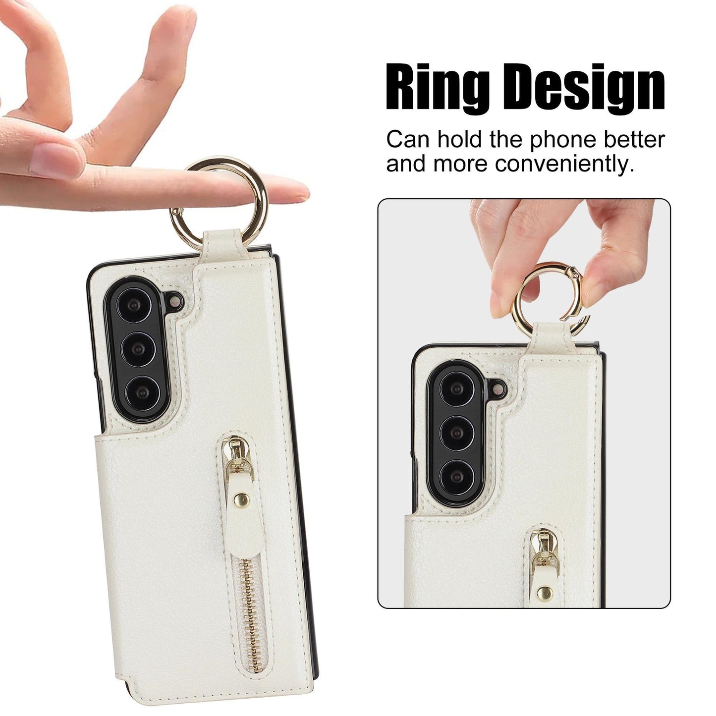 Folding Card Bag Finger Ring Leather Stand Case for Samsung Galaxy Z Fold 3 4 5 6 5G ZFold6 Zipper Wallet  Business ZFold5 Cover