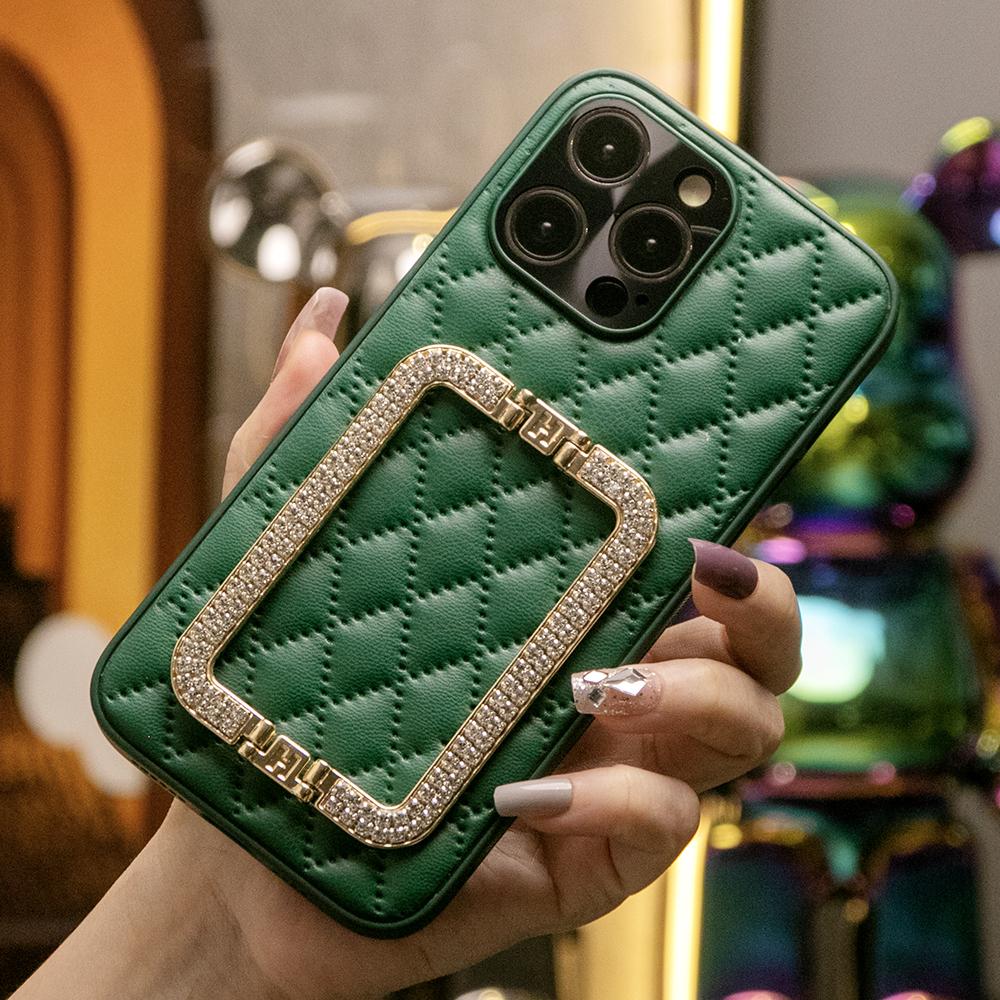 3D Crystal Square Holder Lattice Leather Phone Case for iPhone 16 15 14 13 12 Pro Max
