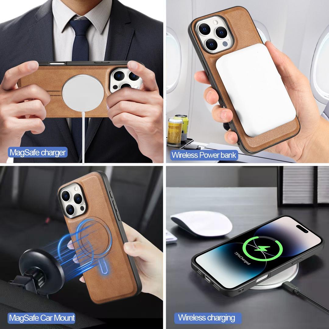 For iPhone 16ProMax 16 15 14 13 12 Leather Phone Case with Strong Magnetic Wallet Ring Stand, Anti-Fall Card Bag Kickstand for Magsafe Shockproof Business Hard Full Cover