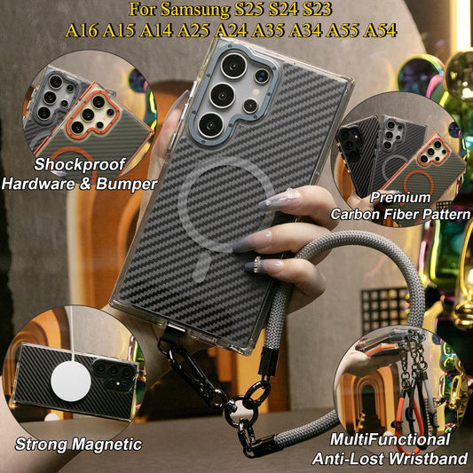 Strong Magnetic Carbon Fiber Phone Case, With MultiFunctional Wristband, Metal Hardware Acrylic, Shockproof Anti-Fall Bumper For Samsung S25Ultra S25 S24 S23 S21FE A14 A15 A24 A25 A35 A54 A55 A05
