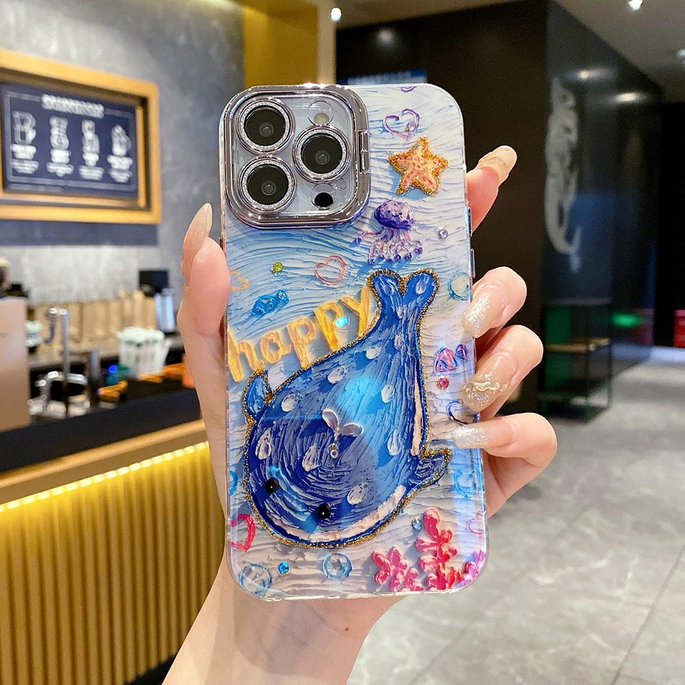 For iPhone 16ProMax 16 15 14 13 12 11 Phone Case with Diamond Camera Kickstand, Dolphin Whale Panda Elephant Snake Animal, Oil Painting Camera Frame Anti-drop Hard Shockproof Full Cover
