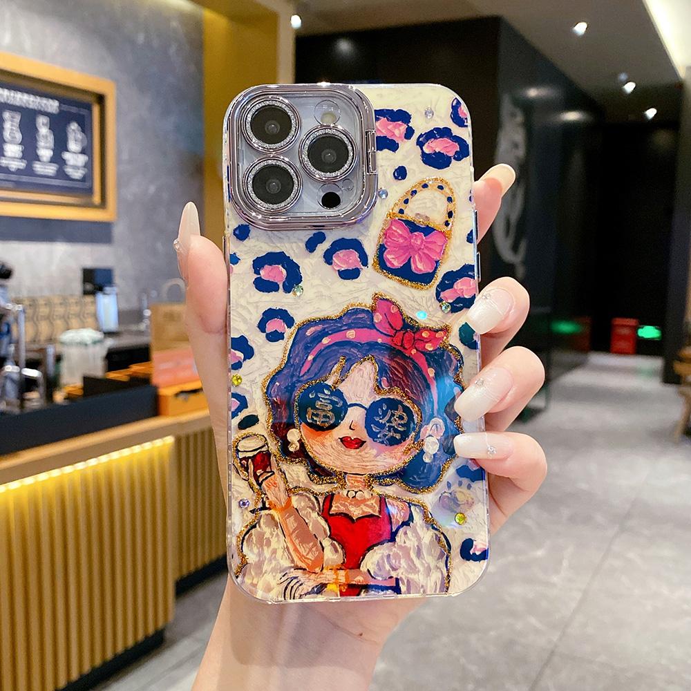 For iPhone 16ProMax 16 15 14 13 12 11 Phone Case with Diamond Camera Kickstand, Rich Girl Women Leopard Print Rainbow Castle, Oil Painting Camera Frame Anti-drop Hard Shockproof Full Cover