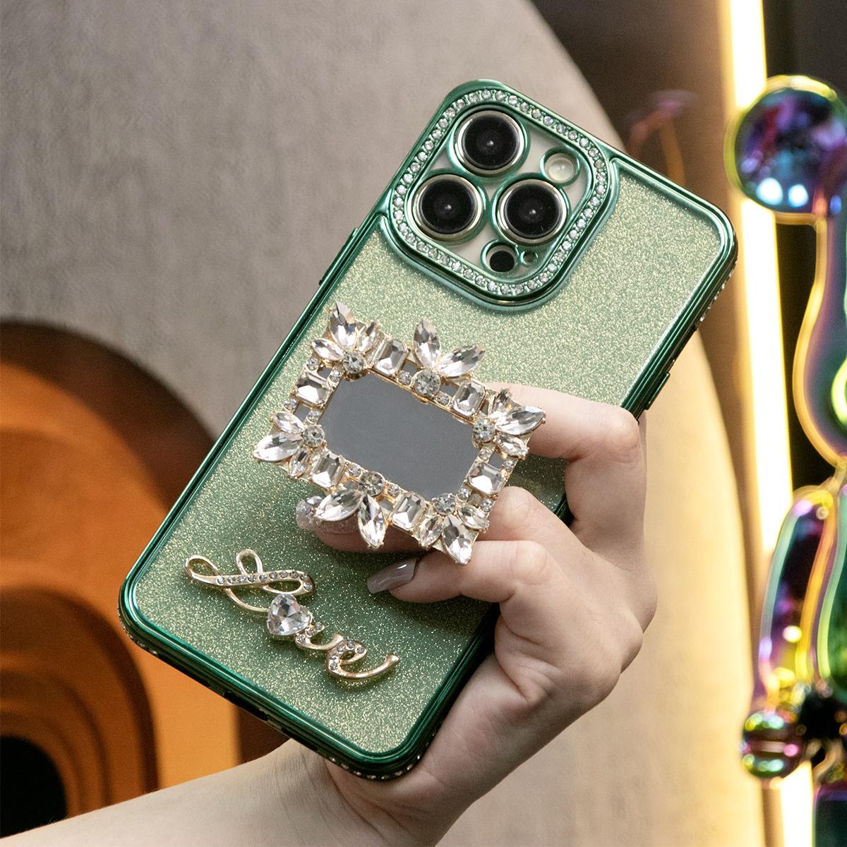 Plating Glitter Diamond Rhinestone Mirror Kickstand Love Phone Case For iPhone 16 15 14 13 12 11 Pro Max