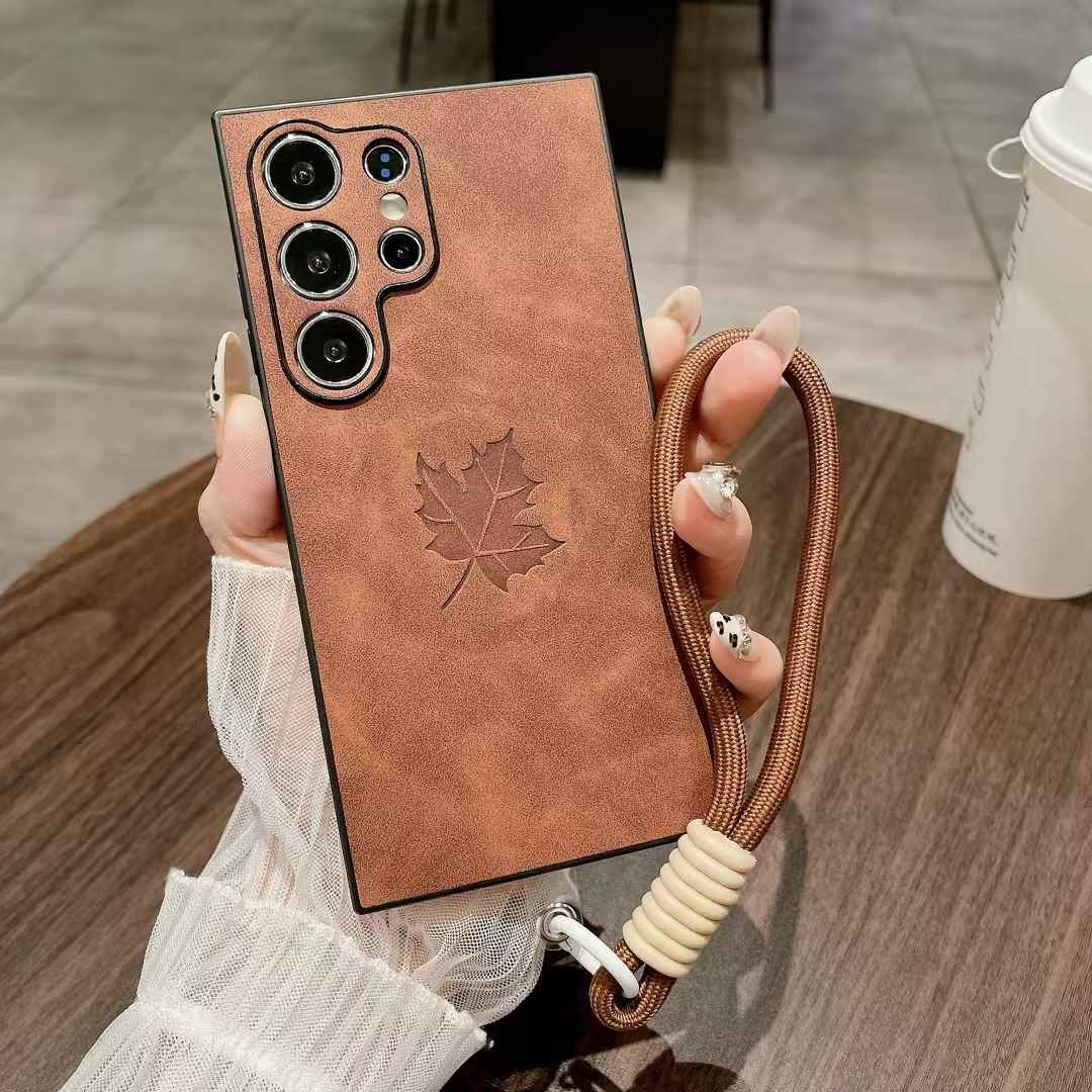 For Samsung S25Ultra S25Edge S24 S23 S22 S21 Note20 A16 A26 A36 A55 A56 Case With Weave Wristband, Maple Leaf Pattern Matte Suede Leather Shockproof Hard Phone Case