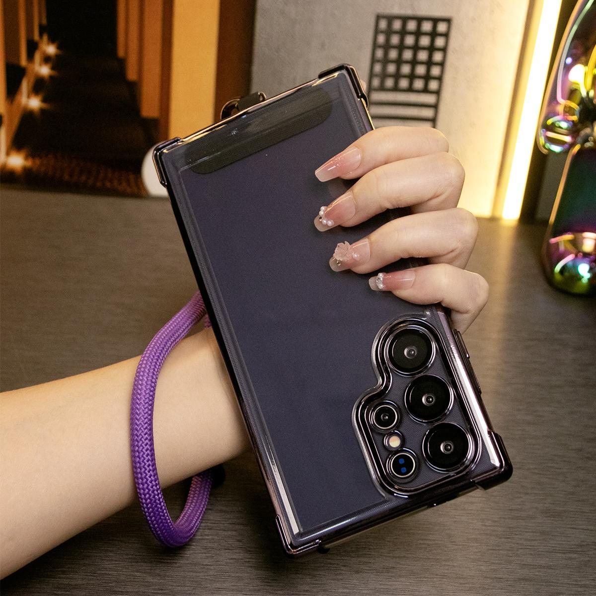 Electroplated Four Corners Anti-fall Transparent Hard PC Phone Case With Multifunctional Climbing Rope For Samsung A55 A54 A53 A35 A34 A25 A15, Full Cover with Camera Protector