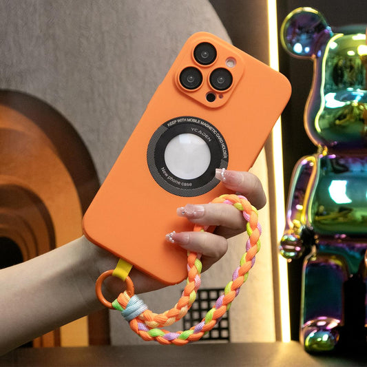 Magnetic Wireless Charging Camera Film Protector Logo Hole PC Hard PC Cover Phone Case With Woven Wristband for iPhone 15 14 13 12 Pro Max