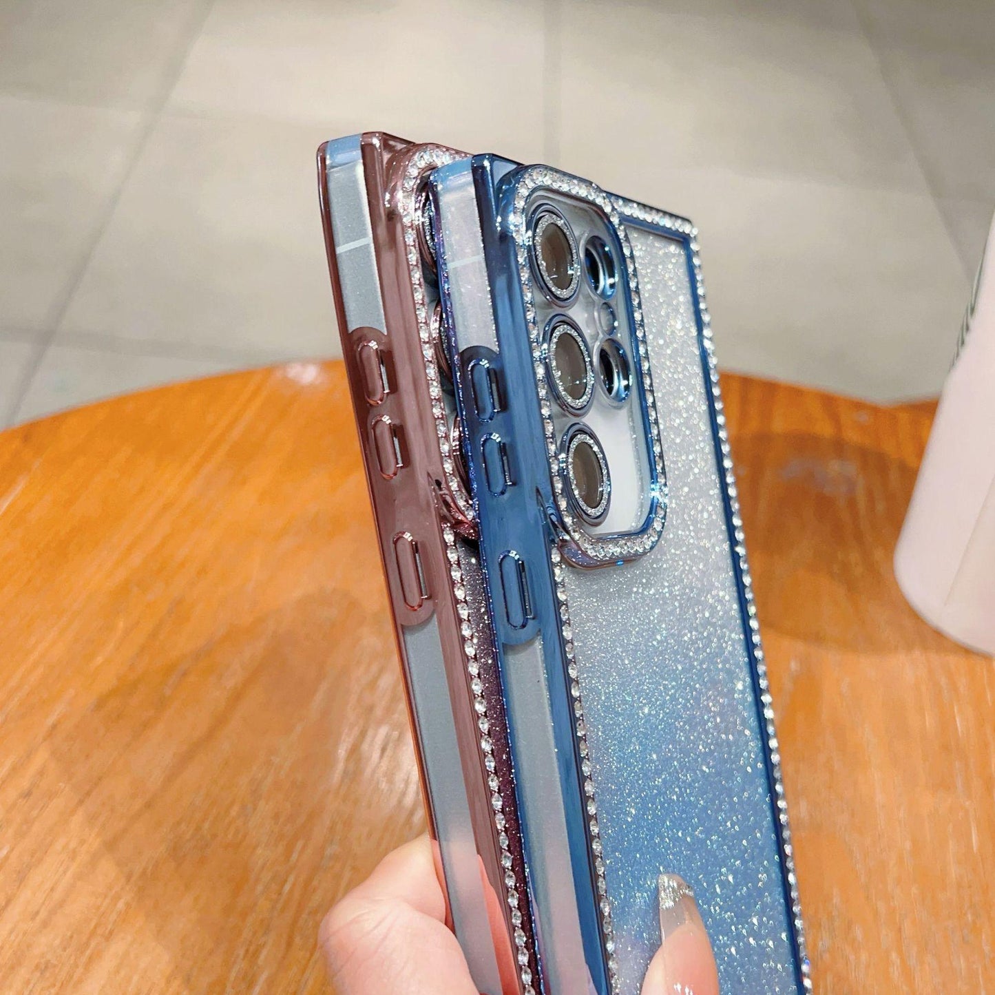 Glitter Rhinestone Clear TPU Square Phone Case with Len Protector For Samsung S25Ultra S25+ S24Ultra S24+ S24 Transparent Bumper Shockproof Soft Full Cover