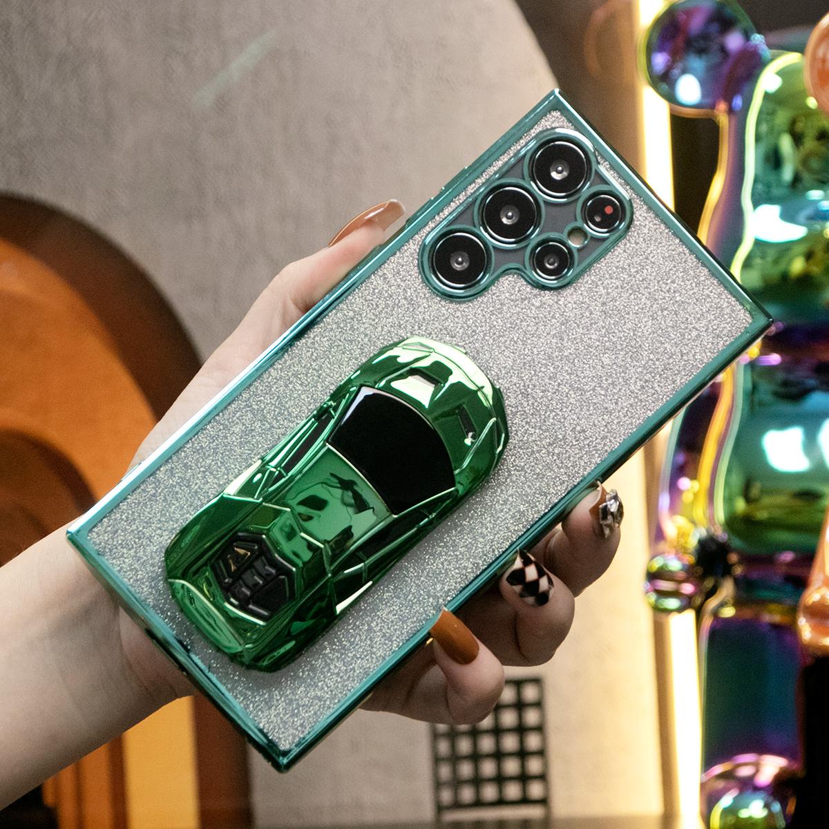 Luxury Cool Sports Car Holder Glitter Clear Gradient TPU Plating Shockproof Soft Phone Case For Samsung S24Ultra S24FE S24 S23 S22 S21 FE Plus Ultra