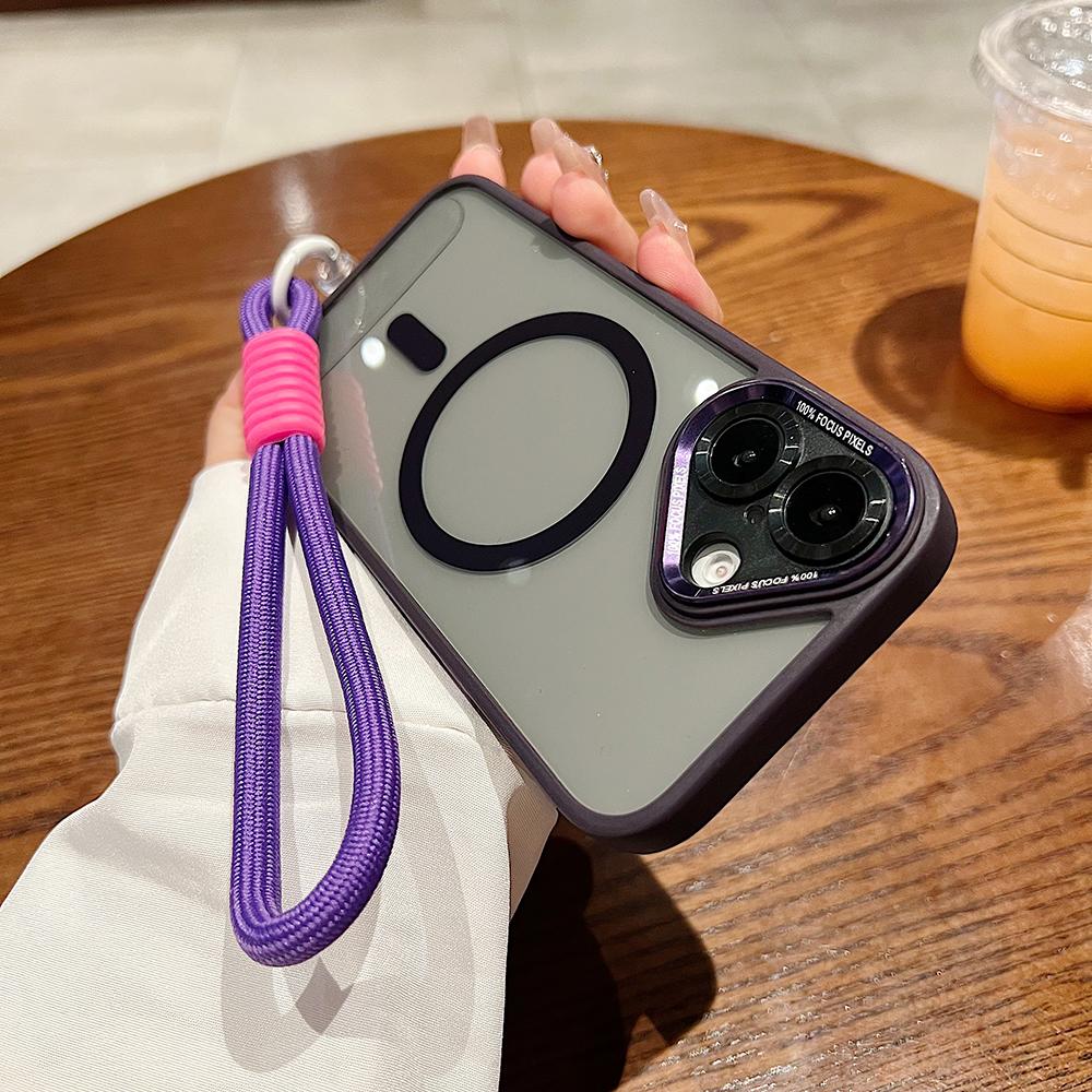 Colorful Crystal High Definition Clear Magnetic Phone Case with Woven Wristband For iPhone 16ProMax 16 15 14 13 12 11 Pro Max Plus Transparent HD Len Protection Hard Full Cover