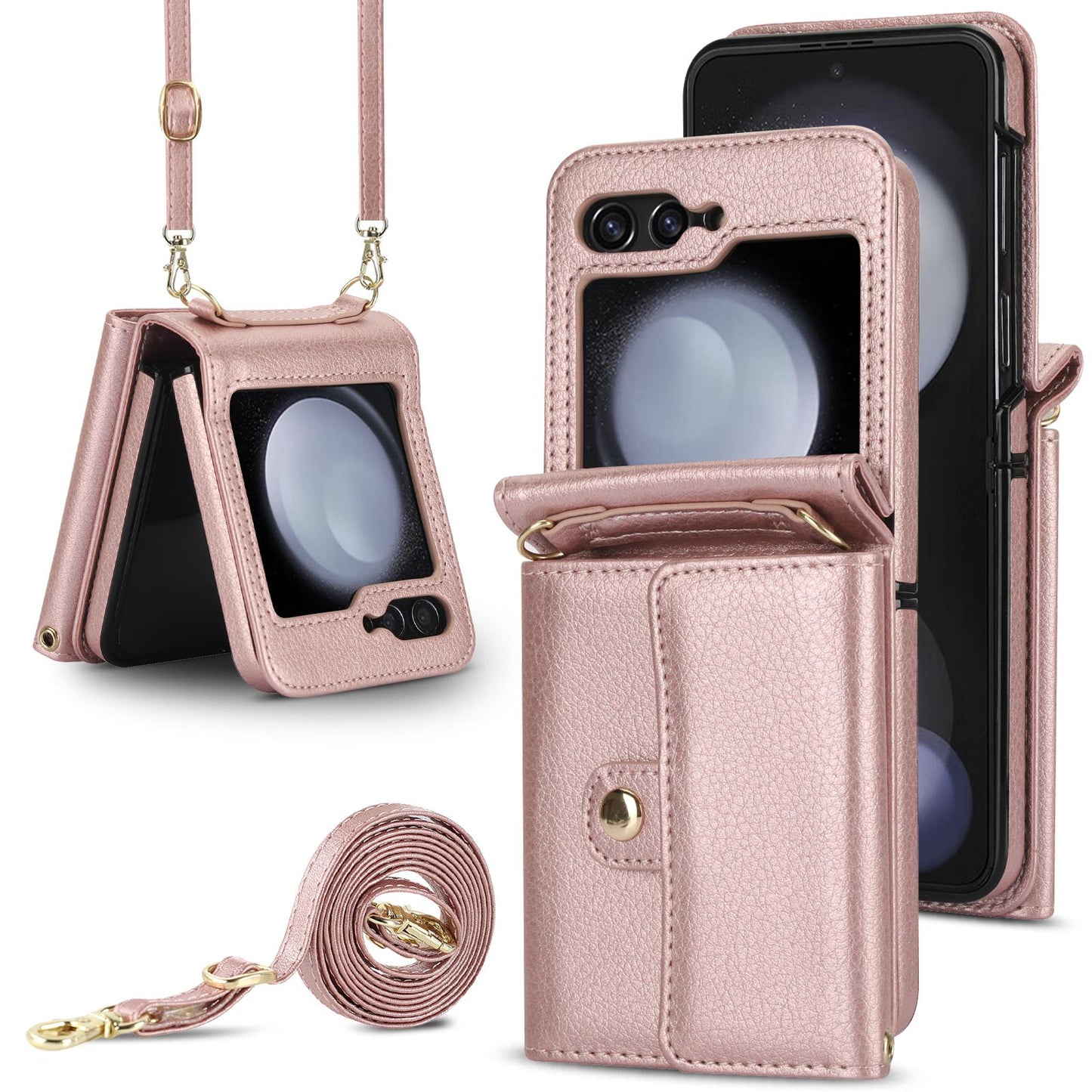 Crossbody Wrist Strap Leather with Card Holder Phone Case for Samsung Galaxy Z Flip 6 5 4 3 Flip6 Flip5 Flip4 Flip3 Wallet Cover