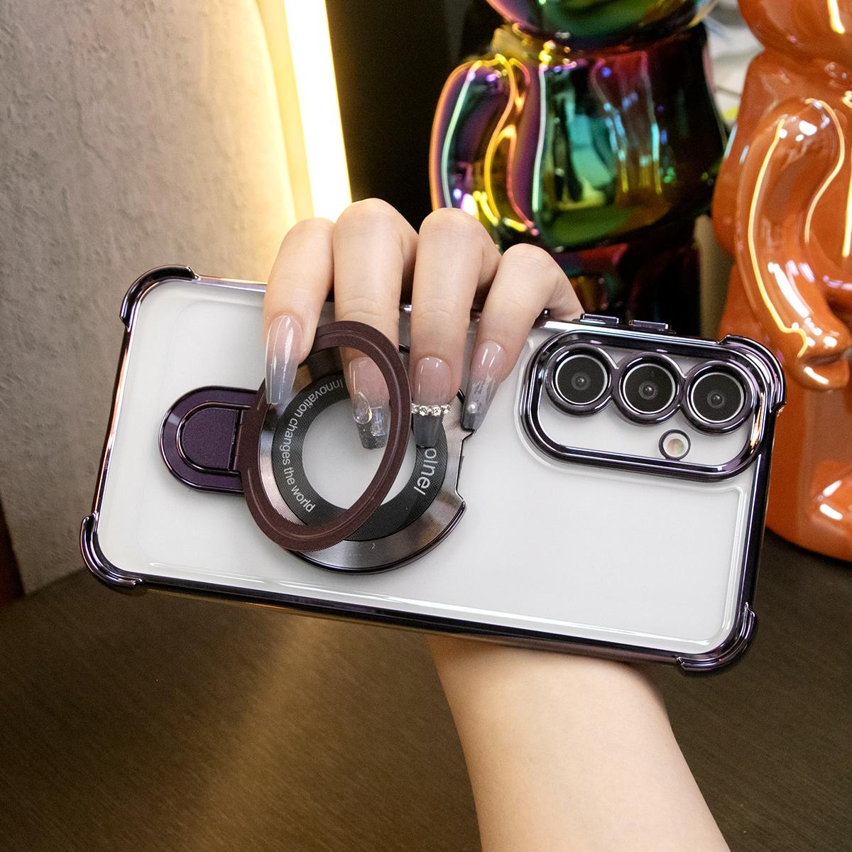 Luxury Plating Shockproof Clear Case With Magnetic Stand for Samsung Galaxy A15 A25 A34 A35 A53 A54 A55 4G 5G Transparent Hard Acrylic Hybrid Bumper Armor Cover.