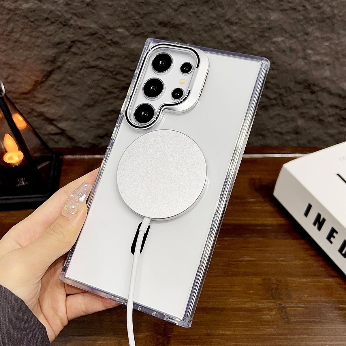 Dual Color Lens Stand Magnetic For Magsafe Wireless Charging Case For Samsung S24 Plus Ultra Clear TPU Acrylic Hard Cover