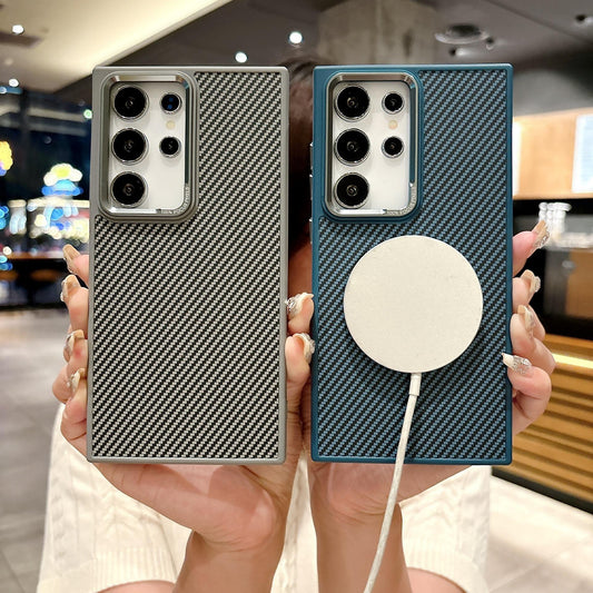Strong Magnetic Carbon Fiber Pattern Metal Len Hardware Phone Case, Camera Lens Protection PC Hard Cover, Shockproof Anti-Fall For Samsung S25+ S25 S24Ultra S24+ S24 Full Cover