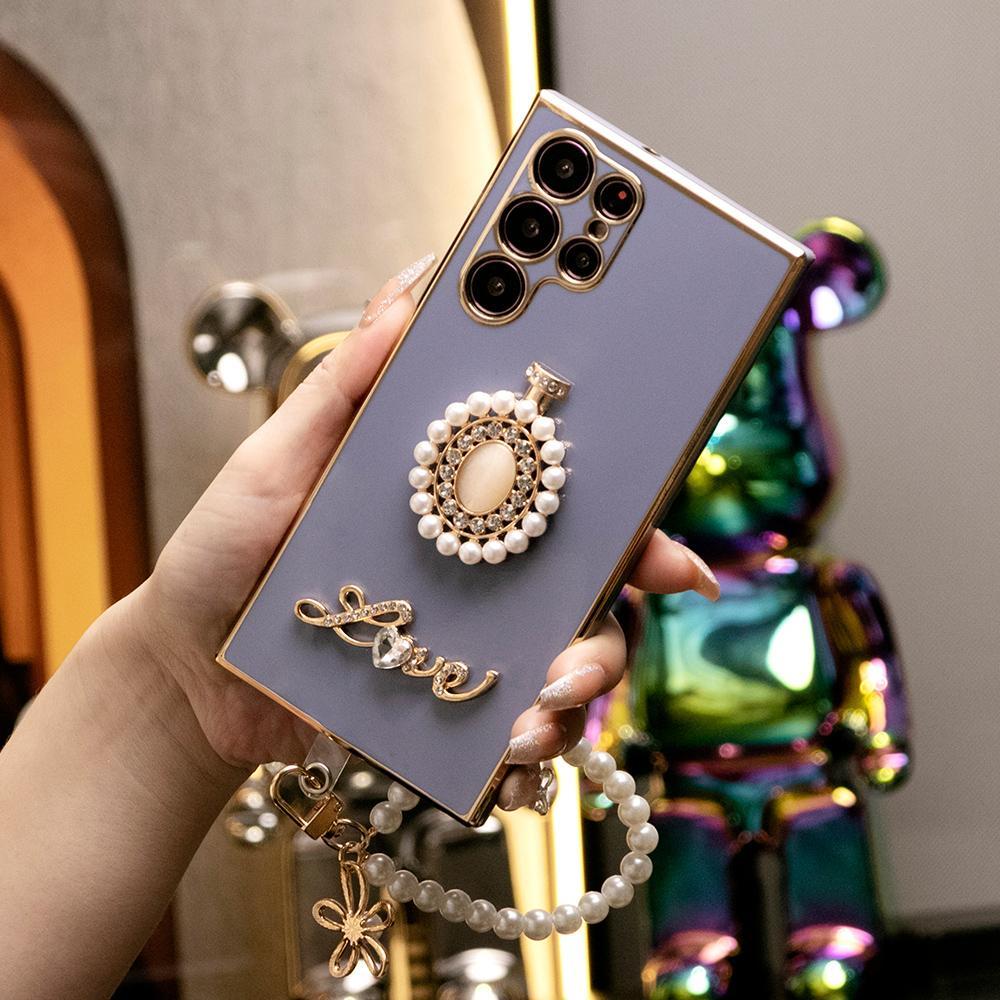 Pearl Perfume Bottle with Chain Plating Soft Phone Case for Samsung A13 A14 A15 A23 A24 A25 A33 A34 A35 A52 A53 A54 A55 A72 A73