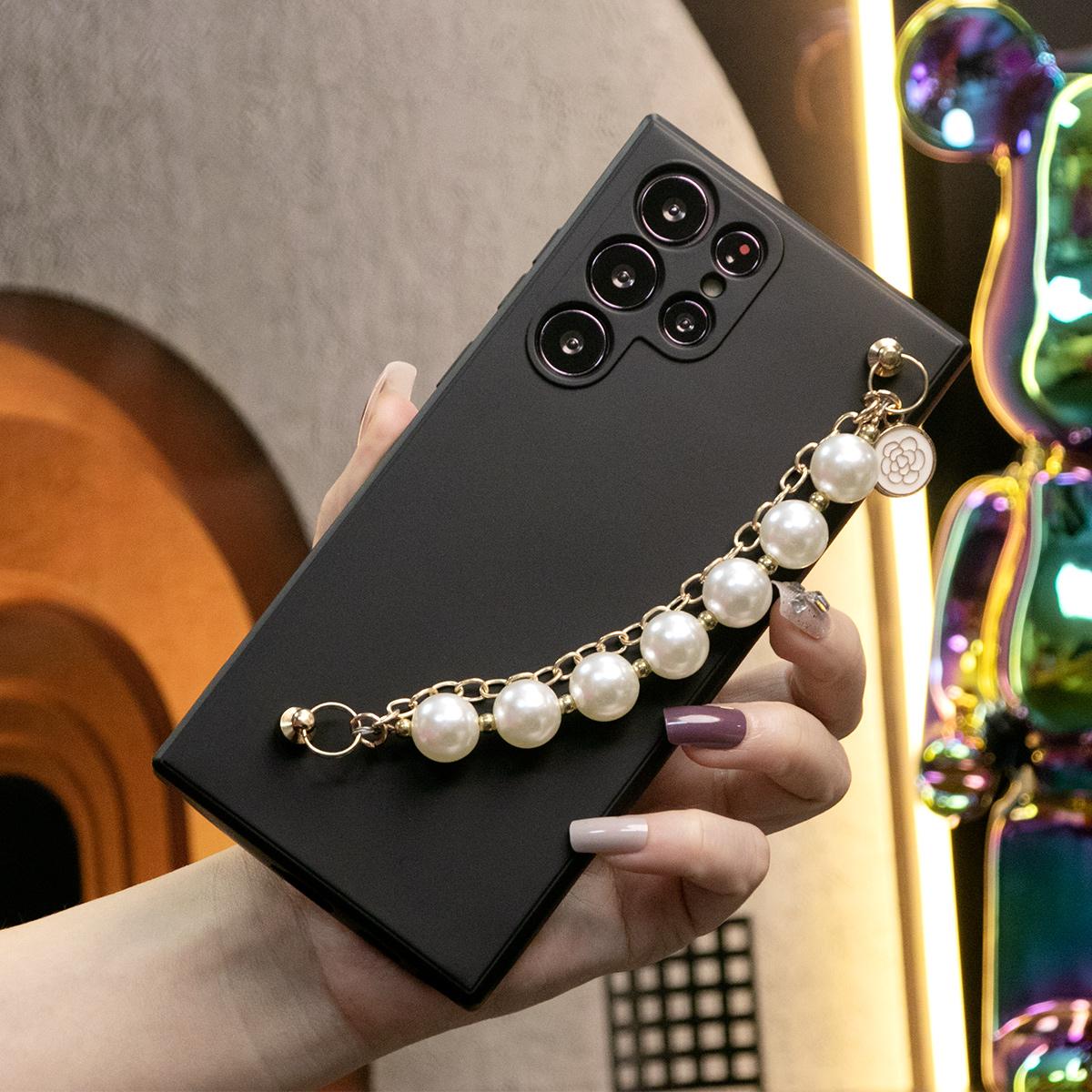 Silicone Matte Phone Case With Pearl Double Chain For Samsung S24 S23 S22 S21 Ultra Plus S24Plus S24Ultra Camera Protect Soft Cover S23 FE