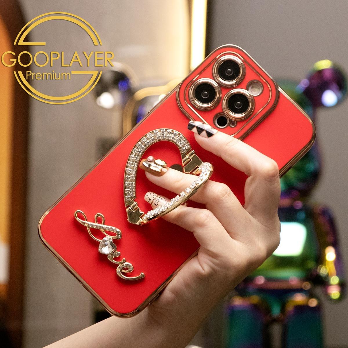 For iPhone 16 15 14 13 Pro Max Phone Case, Love Heart Kickstand TPU Rhinestone Luxury Elegant Plating Soft Shockproof Full Cover