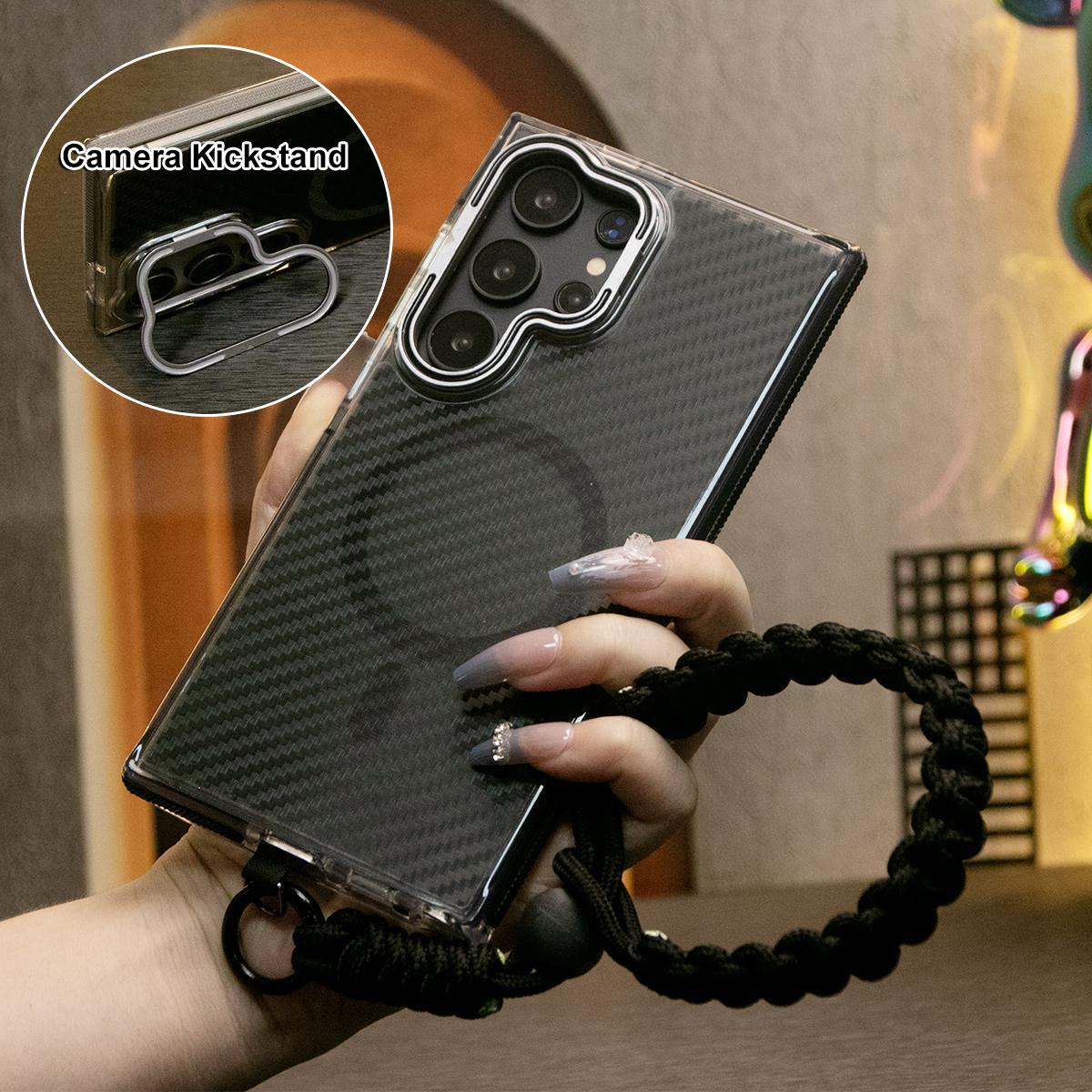 Magnetic Carbon Fiber Pattern Phone Case, Metal Hardware Camera Stand Acrylic Cover, With Adjustable Woven Strap, Anti-Fall Bumper For Samsung S24 S23 S21 Ultra FE A14 A15 A24 A25 A35 A54 A55 A05