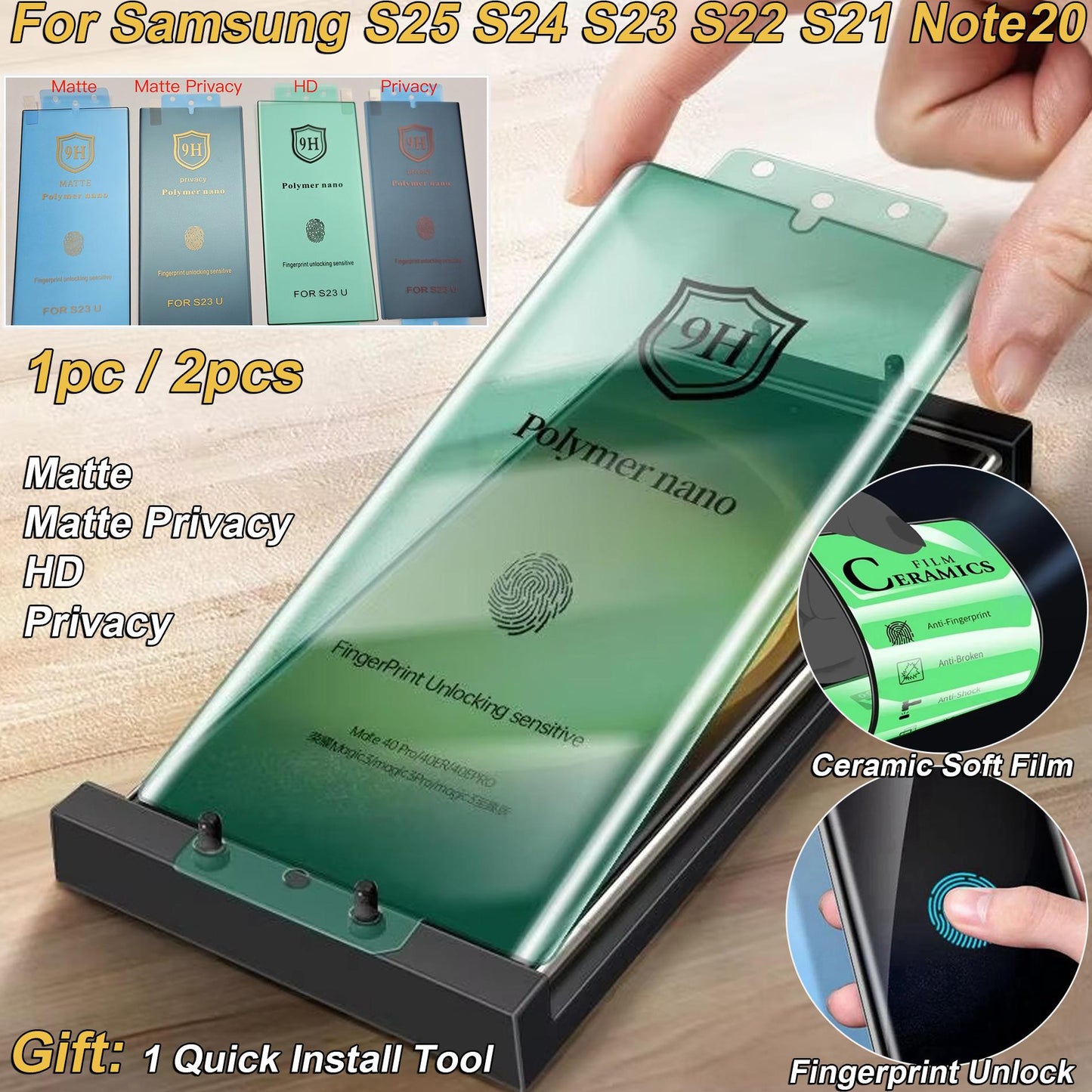 1pc/2pcs HD/Matte/Privacy Coverage Fingerprint Unlock Anti-Broken Ceramic Soft Film For Samsung S25Ultra S25 S24 S23 S22 S21 Note20 Screen Protector with Free Installation Tool