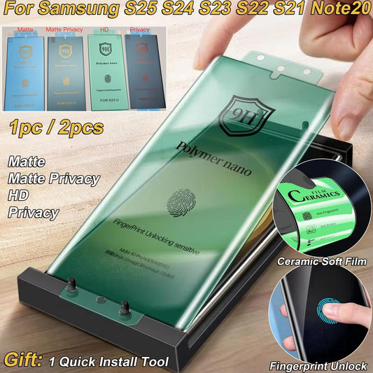 1pc/2pcs HD/Matte/Privacy Coverage Fingerprint Unlock Anti-Broken Ceramic Soft Film For Samsung S25Ultra S25 S24 S23 S22 S21 Note20 Screen Protector with Free Installation Tool