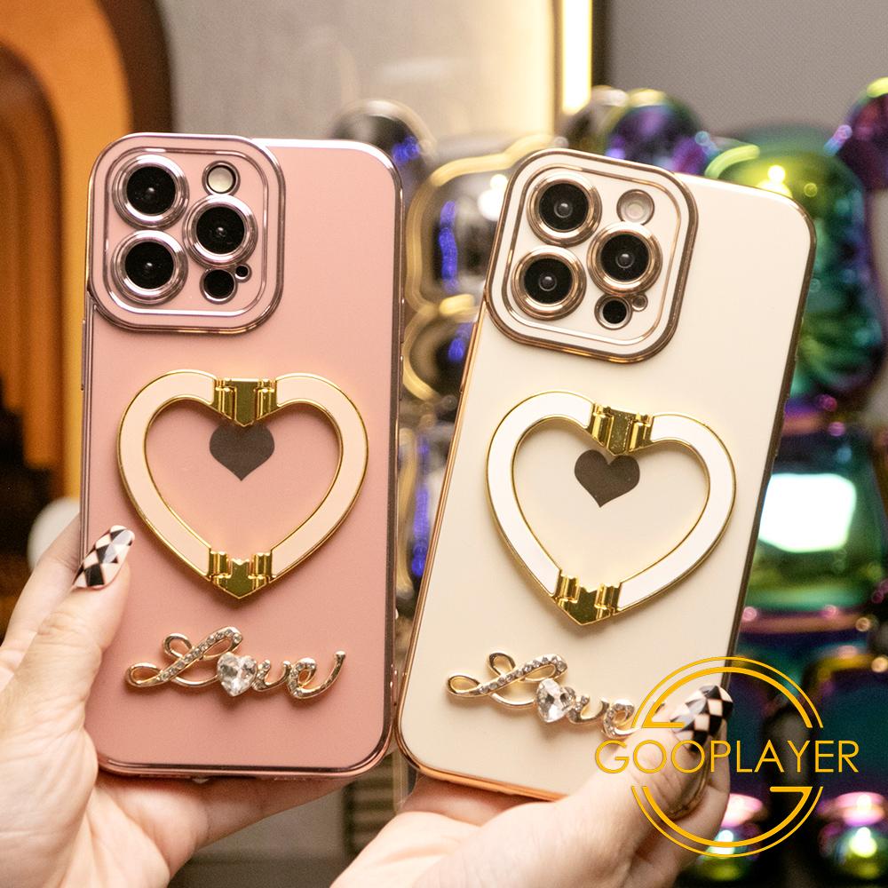 For iPhone 16 15 14 13 12 11 Pro Max, Luxury Love Heart Kickstand Holder Plating Soft Camera Protector Phone Case