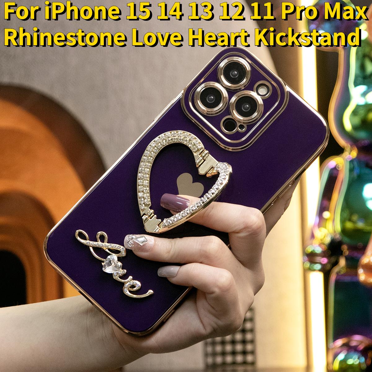 For iPhone 16ProMax 16 15 14 13 12 11 Pro Max, Luxury Rhinestone Love Heart Kickstand Holder Plating Soft Camera Protector Phone Case