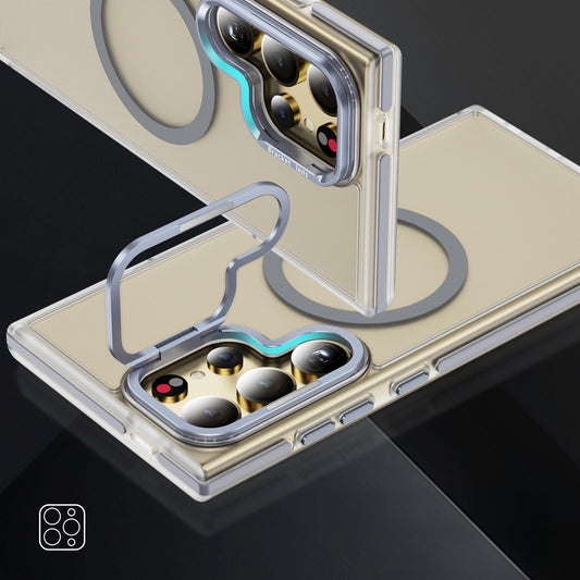 Matte Transparent Anti-Dust Anti-Fall Bumper Shockproof Strong Magnetic Phone Case With Metal Camera Kickstand for Samsung S25Ultra S24 S23FE S23 A14 A15 A25 A35 A54 Bumper Hard Cover