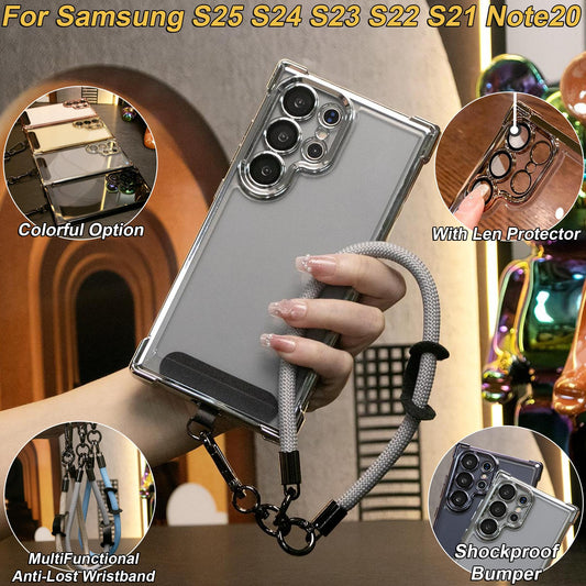 Electroplated Four Corners Anti-fall Transparent Hard PC Phone Case With Multifunctional Climbing Rope For Samsung S25Ultra S25 S24FE S24Ultra S24 S23FE S23 S22Ultra, Full Cover with Camera Protector
