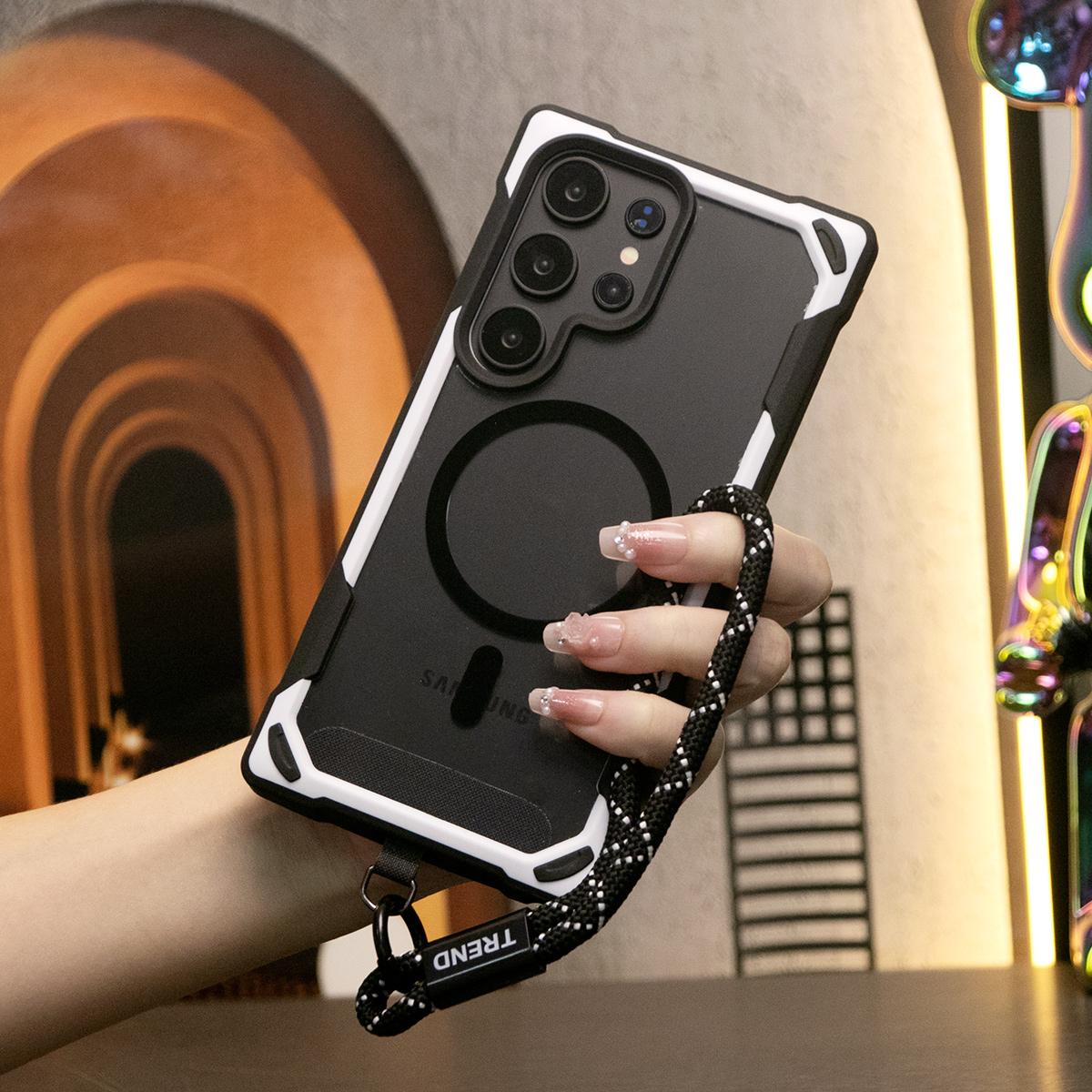 For Samsung S24 Ultra S24Plus S24 Case, Two-tone Magnetic Acrylic, Luxury Elegant Clear Case With Short Wristband Camera Protection Heavy Duty Protection Shockproof Hard Cover
