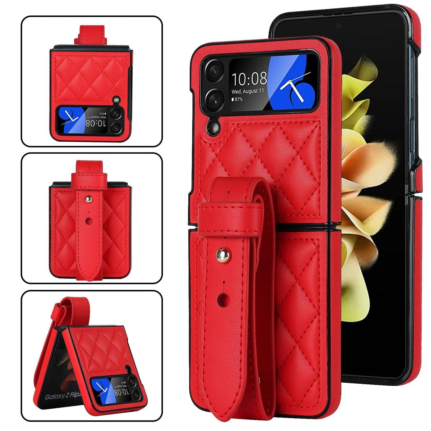 Leather Wristband Phone Case for Samsung Galaxy Z Flip 6 5 4 5G Flip5 Zflip4 Wrist Strap Thin Skin Feeling Shockproof Stand Cover