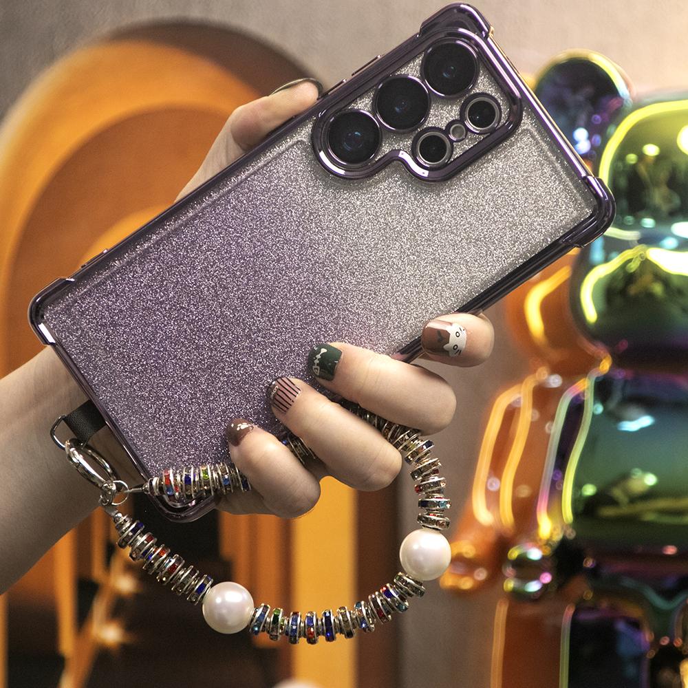 Gradient Plating Four Corners Phone Case with Pearl Diamond Wristband for Samsung S25Ultra S25 S24 S23 S22 S21 Note20 A53 A54 A55 Hard Acrylic Bumper Full Cover
