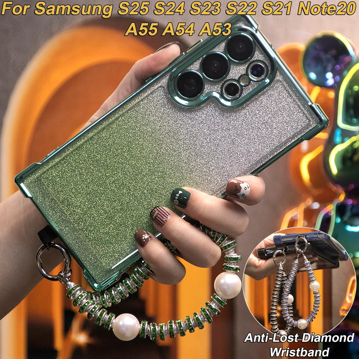 Gradient Plating Four Corners Phone Case with Pearl Diamond Wristband for Samsung S25Ultra S25 S24 S23 S22 S21 Note20 A53 A54 A55 Hard Acrylic Bumper Full Cover