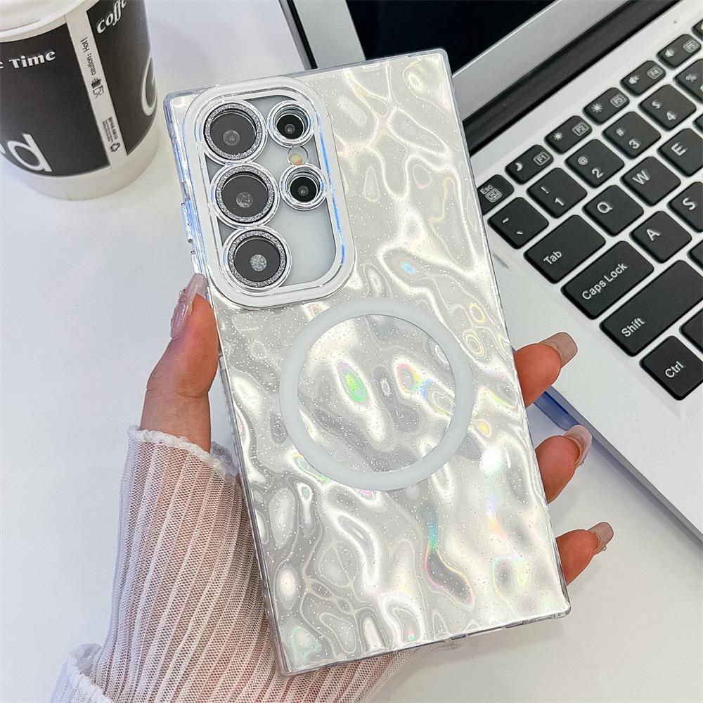 For Samsung S25 S24 S23 A16 A15 A25 A35 A36 A54 A55 A56 Phone Case, Electroplating Magnetic Laser Flow Silk Pattern Acrylic Slim With Glitter Len Protector, Protection Non-Yellowing Hard Cover
