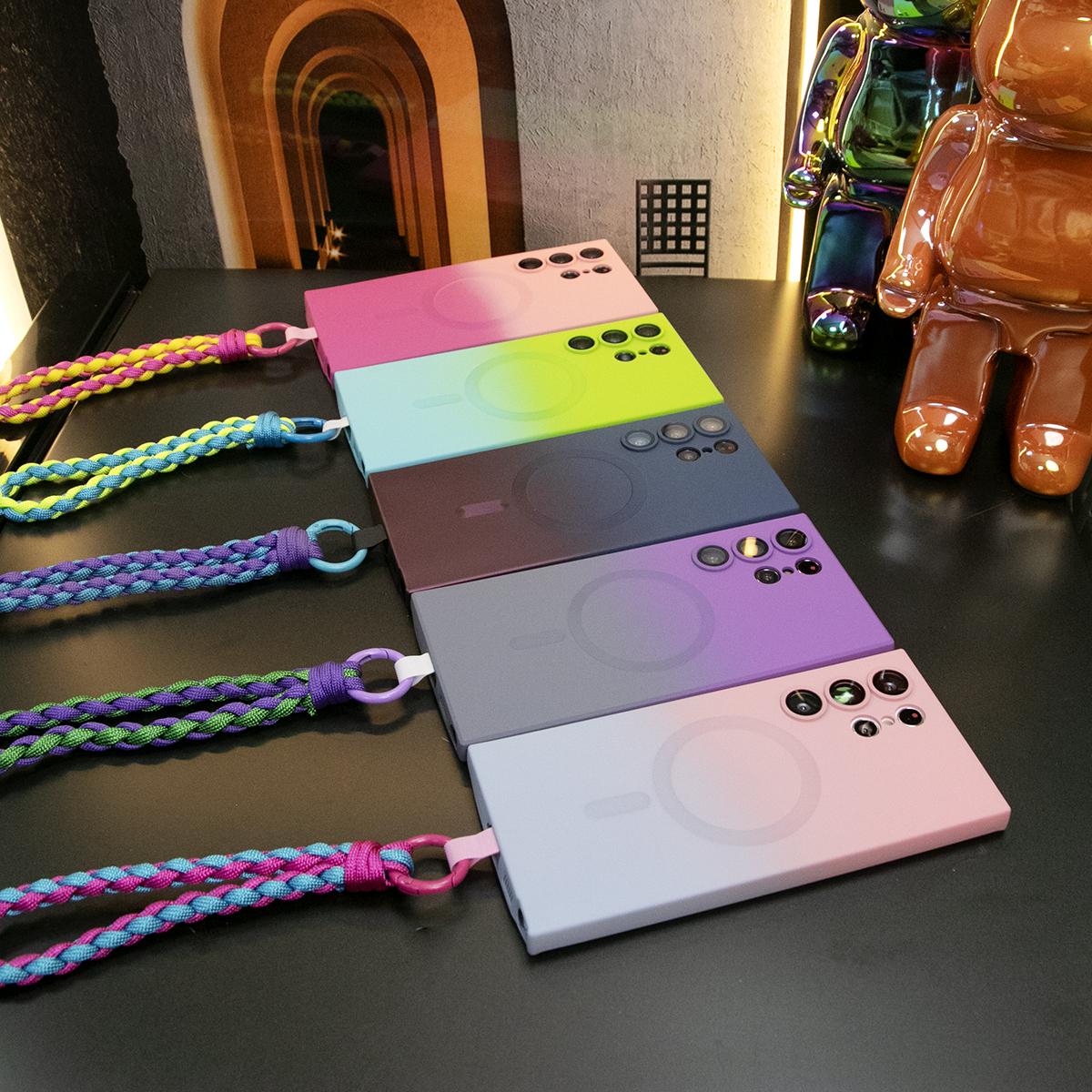 Gradient Color Magnetic Wireless Charge Matte Case with Woven Wristband For Samsung Galaxy S24Ultra S24FE S24 S23 S22 S21 Plus Ultra Note 20 Ultra Wireless Charging Soft Bumper Cover