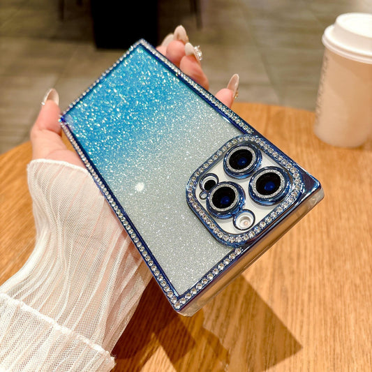 Glitter Rhinestone Clear TPU Square Phone Case with Len Protector For iPhone 16ProMax 15 14 13 Transparent Bumper Shockproof Soft Full Cover