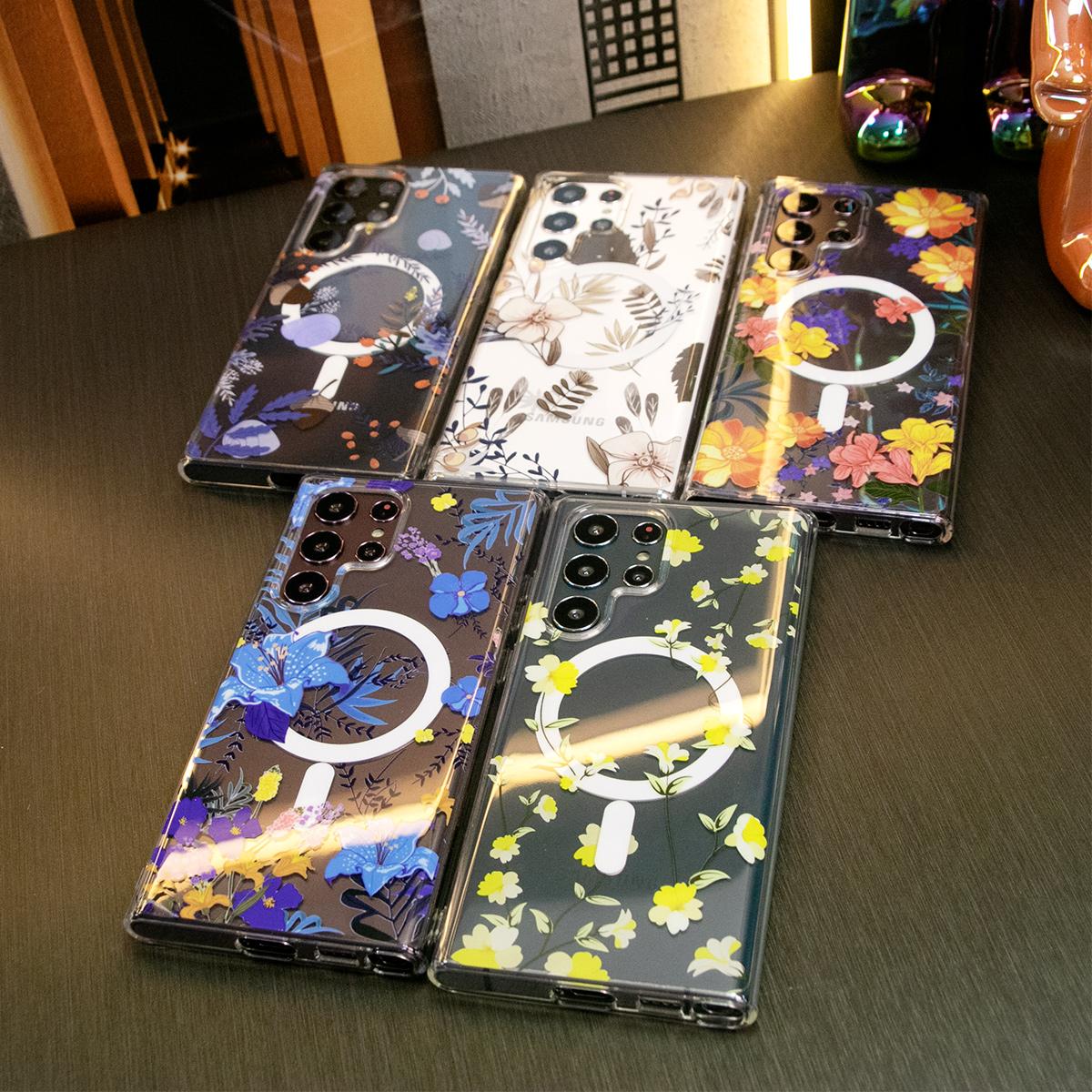 For Samsung S24 S23 S22 S21 Note20 Ultra Case, Clear Flower Magnetic, Glitter Luxury Elegant Case Camera Protection Shockproof Hard Cover