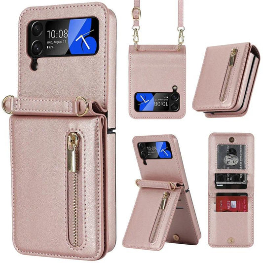 for Samsung Galaxy Z Flip 6 4 5 Z Flip 3 Case Luxury Card Slot Phone Holder Zipper Wallet Crossbody Cover Folding Case Coque
