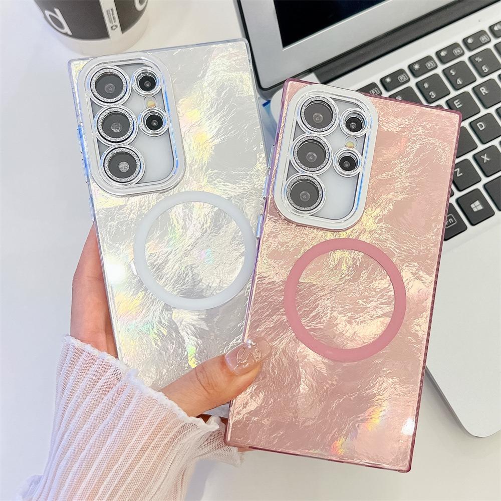 For Samsung S25 S24 S23 A16 A15 A25 A35 A36 A54 A55 A56 Phone Case, Electroplating Magnetic Laser Flow Silk Pattern Acrylic Slim With Glitter Len Protector, Protection Non-Yellowing Hard Cover