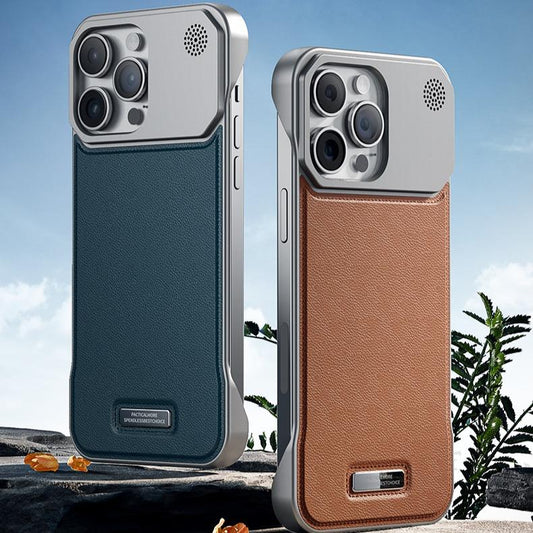 Leather Aromatherapy Frameless Heat Dissipation Aluminium Alloy Strong Magnetic Len Protection Phone Case For iPhone 16ProMax 15 14 13 12 11, Skin Feel Shockproof Hard Full Cover