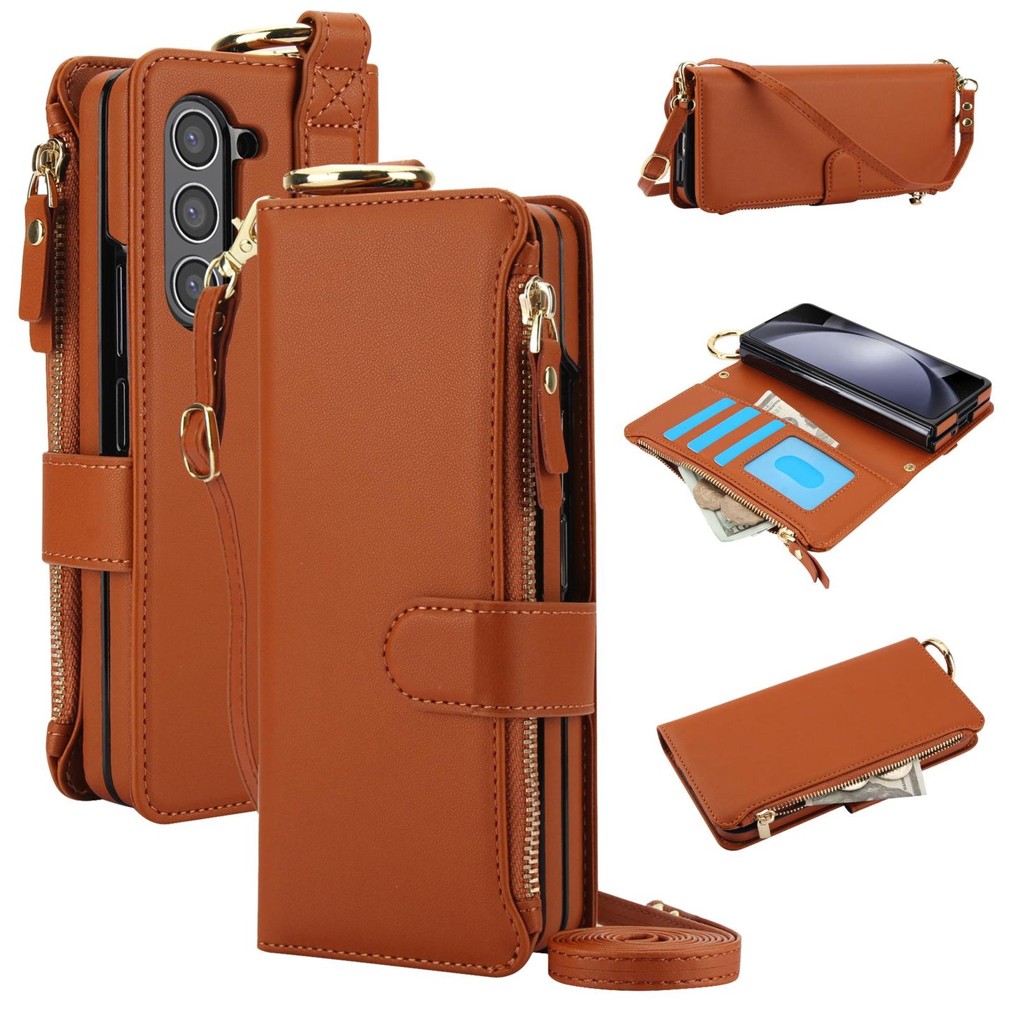 Crossbody Cards Solt Zipper Wallet Leather Case For Samsung Galaxy Z Fold 5 4 3 6 5G Wristband Ring Holder Kickstand Cash Pocket