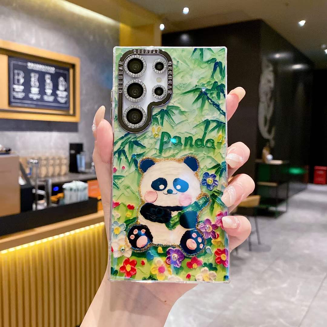 For Samsung S25 S24 S23 S22 A34 A35 A53 A54 A55 Note20Ultra Phone Case, Luxury Panda Leopard Rainbow Butterfly Elephant Oil Painting Metal Camera Frame Anti-drop Hard Shockproof Full Cover