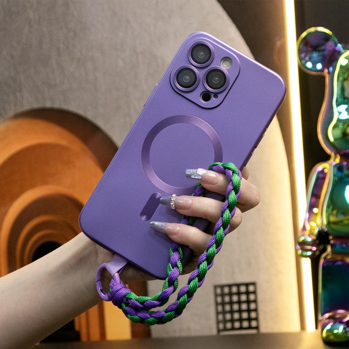 Matte Metal Luster Magnetic Wireless Charge Magsafe Case With Woven Wristband For iPhone 16 15 14 13 12 11 Plus Pro Max