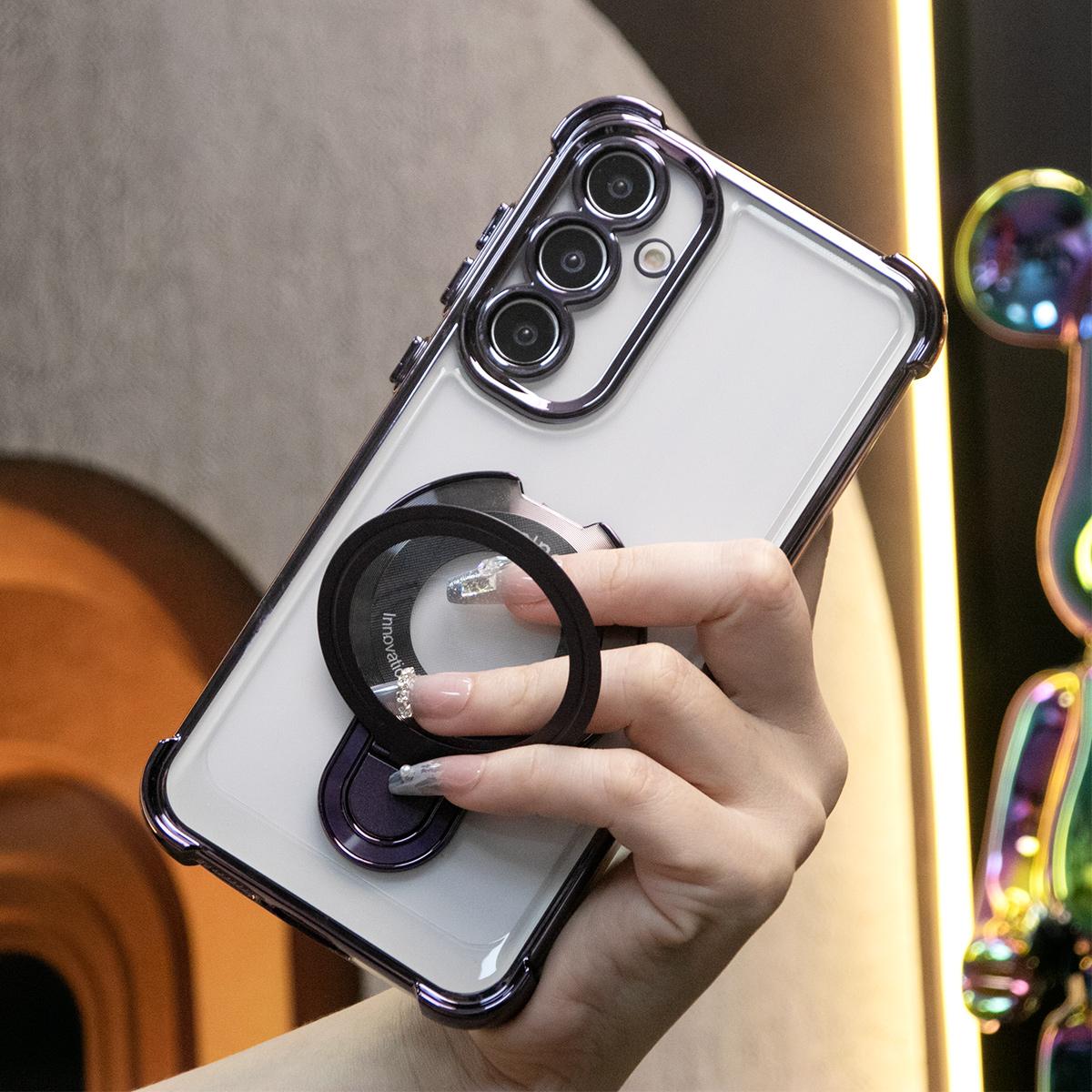 Luxury Plating Four Corners Shockproof Clear Case With Magnetic Stand For iPhone 16 15 14 13 12 11 XR XSMax X/XS Transparent Hard Acrylic Hybrid Bumper Hard Full Cover