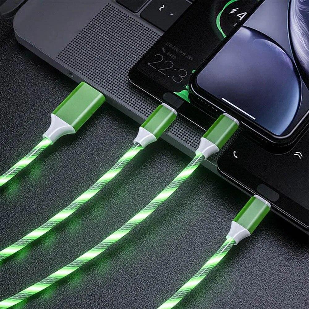 3-in-1 fast charging cable with LED lighting, 3A, mini USB C-type, suitable for iPhone, Samsung, Xiaomi